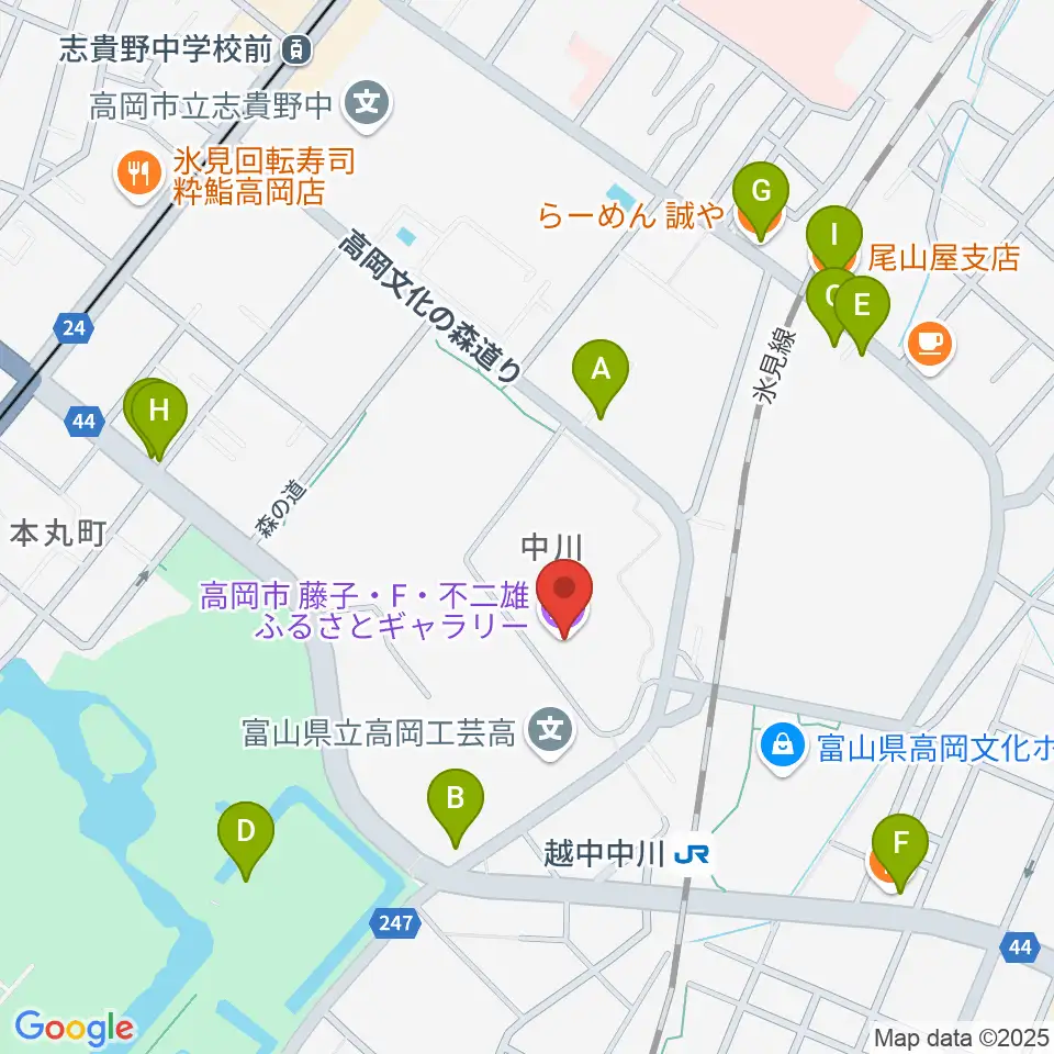 高岡市美術館周辺のファミレス・ファーストフード一覧地図