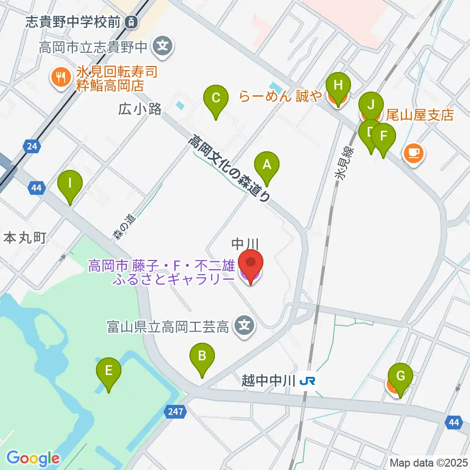 高岡市美術館周辺のファミレス・ファーストフード一覧地図
