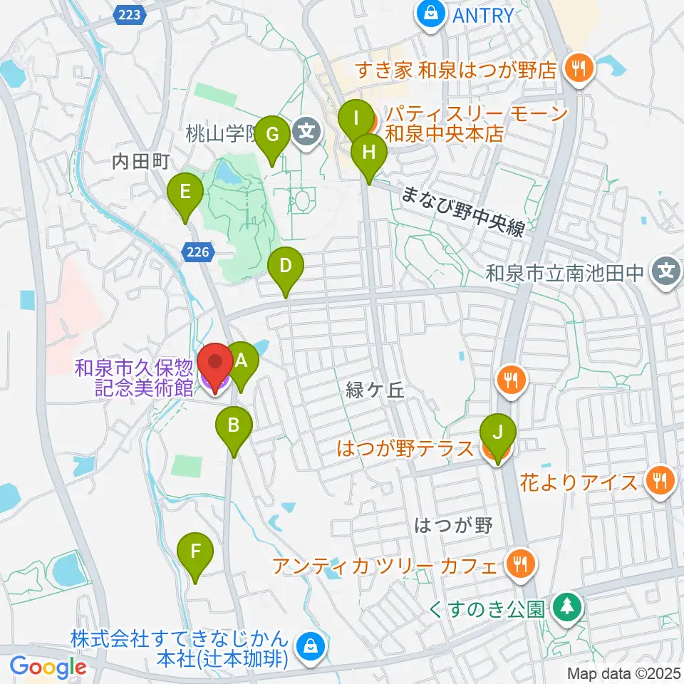 和泉市久保惣記念美術館周辺のファミレス・ファーストフード一覧地図