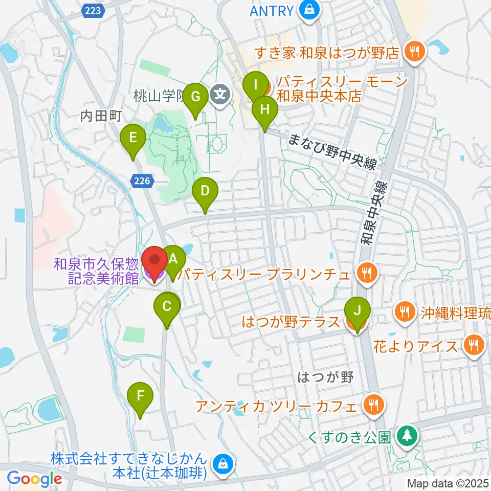 和泉市久保惣記念美術館周辺のファミレス・ファーストフード一覧地図