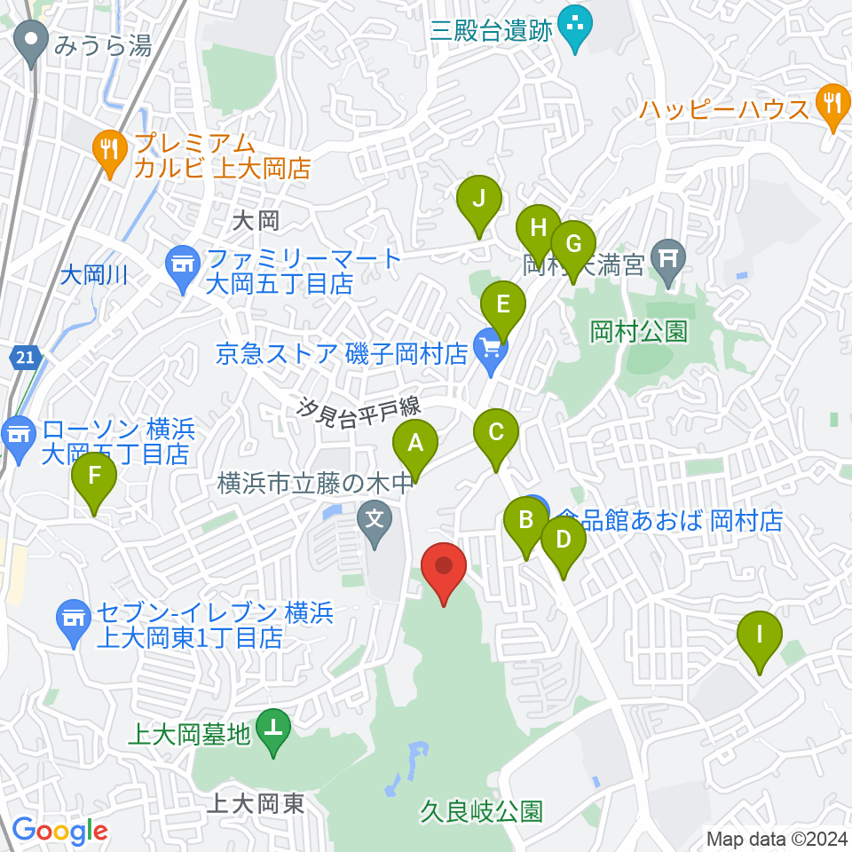 久良岐能舞台周辺のファミレス・ファーストフード一覧地図