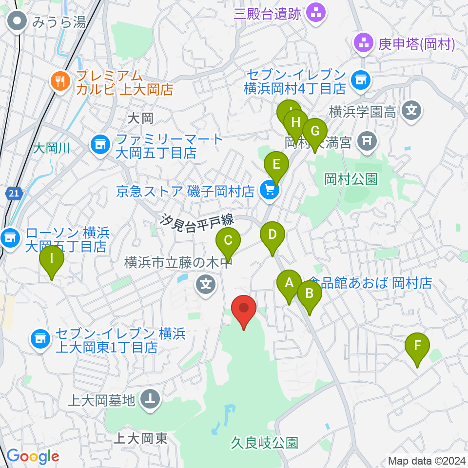 久良岐能舞台周辺のファミレス・ファーストフード一覧地図