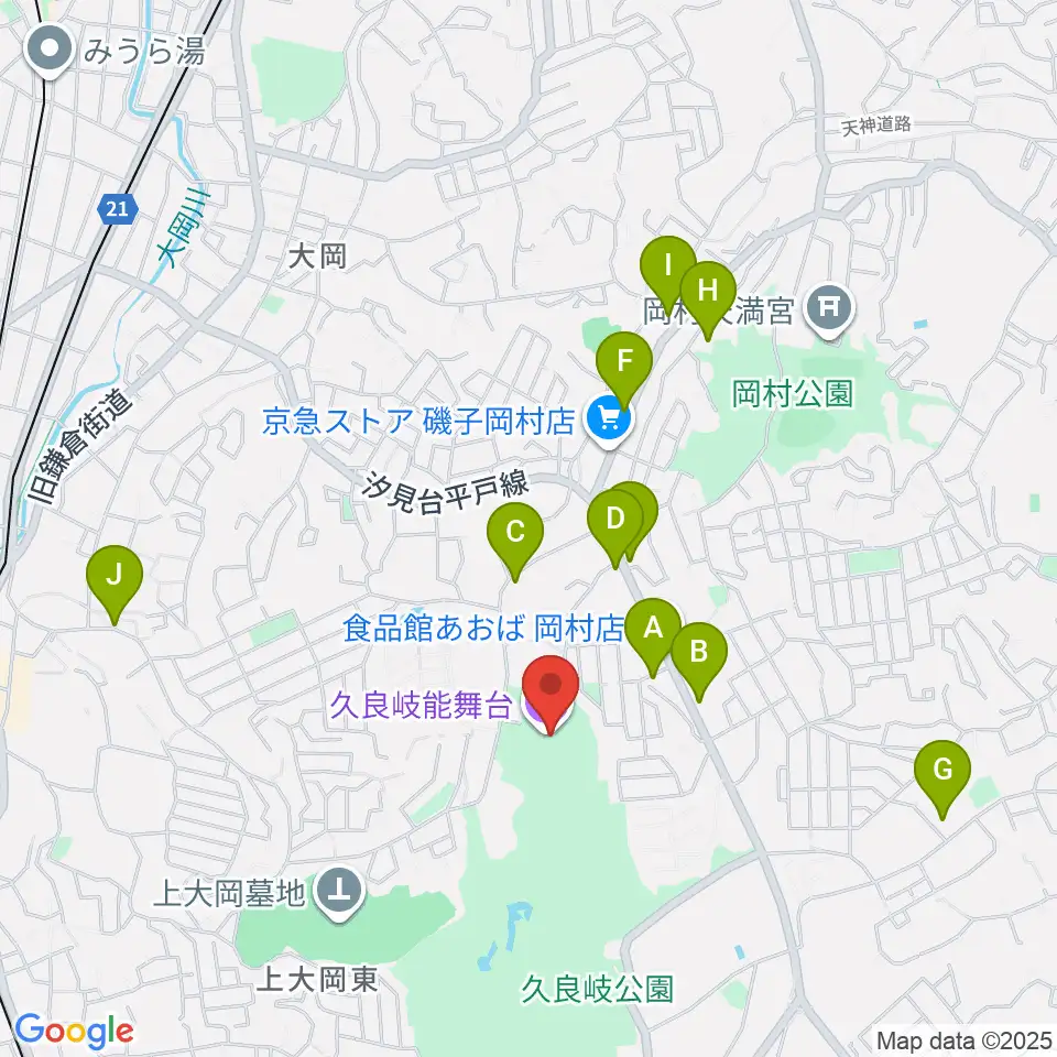 久良岐能舞台周辺のファミレス・ファーストフード一覧地図