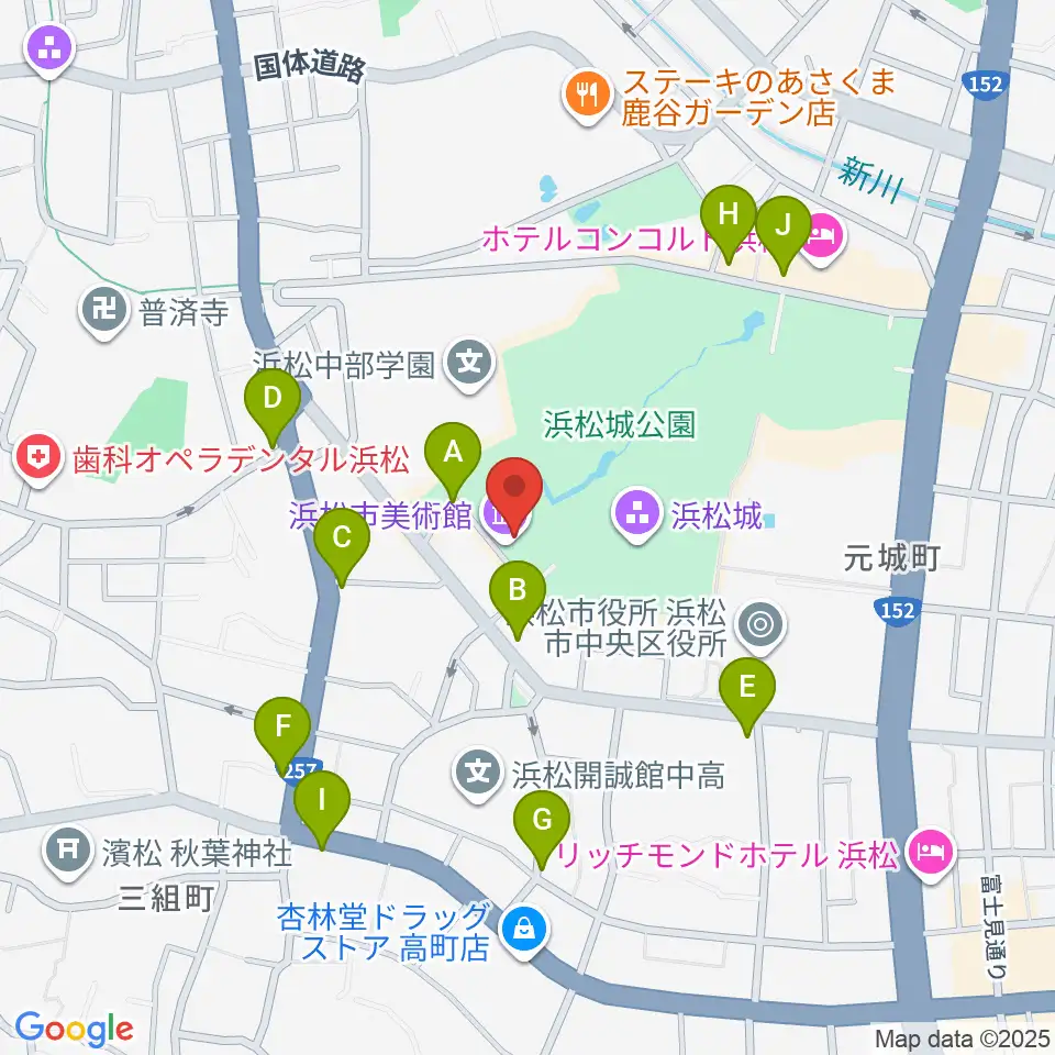 浜松市美術館周辺のファミレス・ファーストフード一覧地図