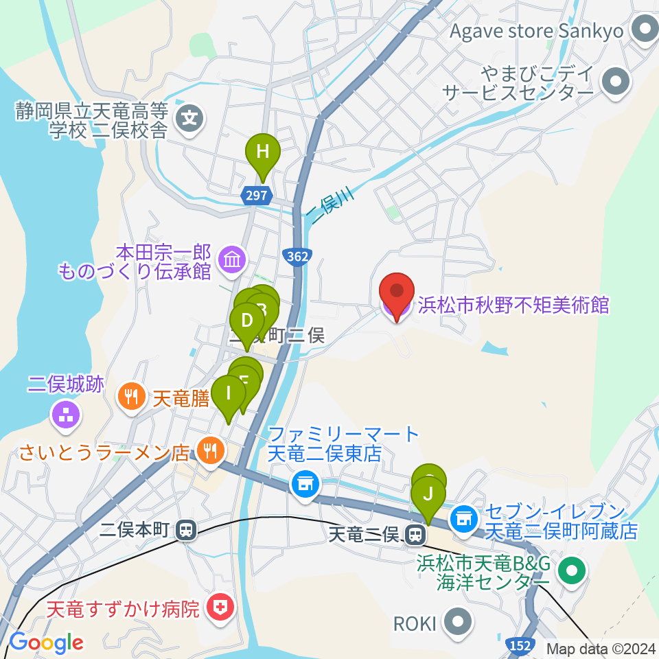 浜松市秋野不矩美術館周辺のファミレス・ファーストフード一覧地図