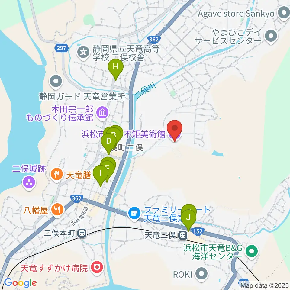 浜松市秋野不矩美術館周辺のファミレス・ファーストフード一覧地図