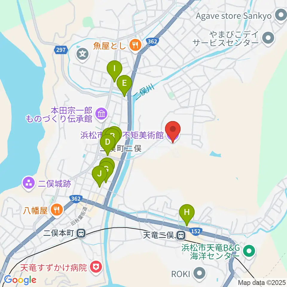 浜松市秋野不矩美術館周辺のファミレス・ファーストフード一覧地図
