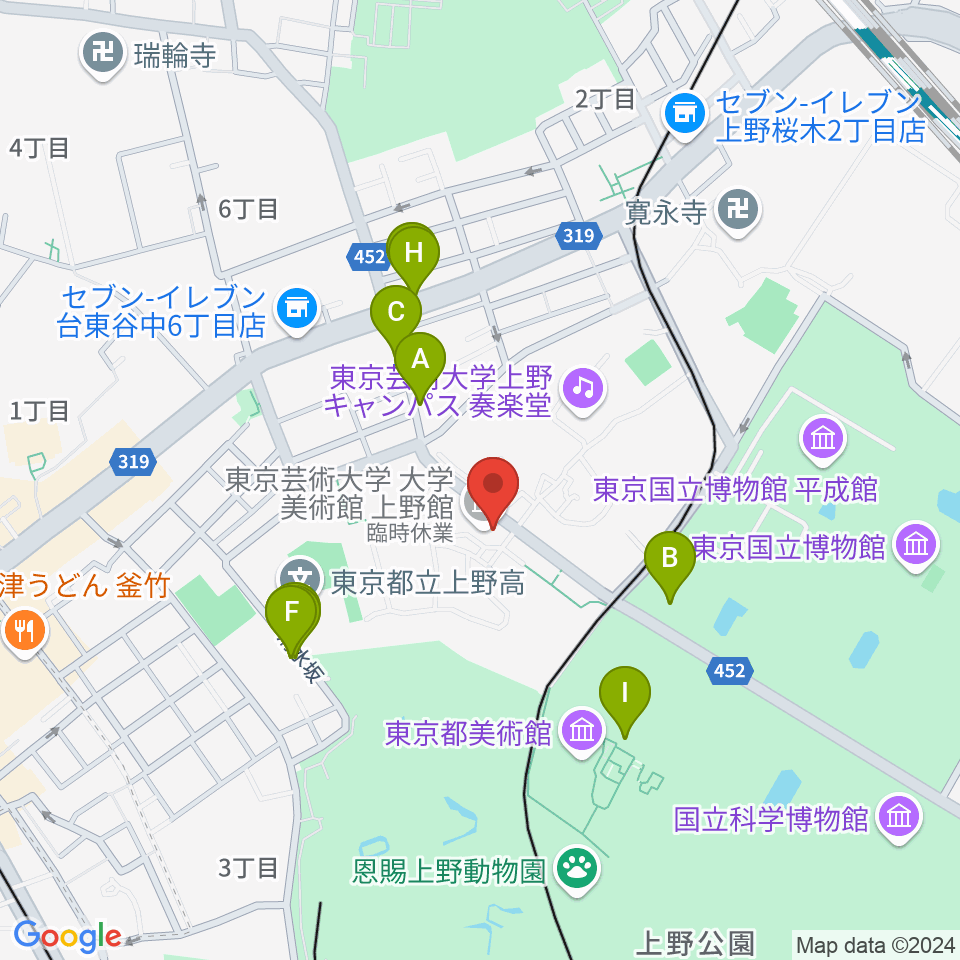 東京藝術大学大学美術館周辺のファミレス・ファーストフード一覧地図