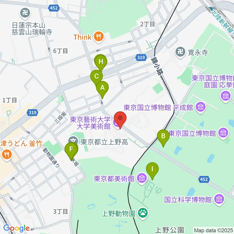東京藝術大学大学美術館周辺のファミレス・ファーストフード一覧地図