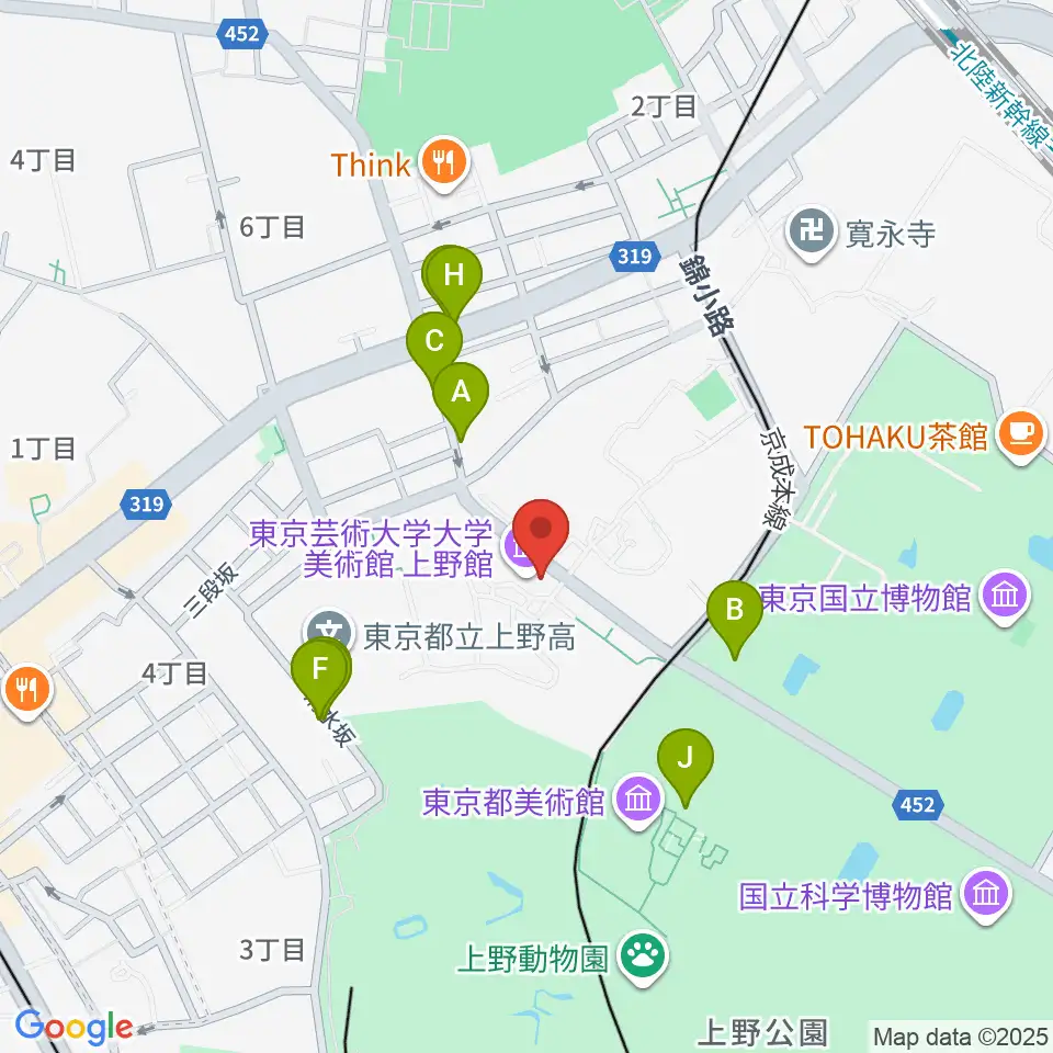 東京藝術大学大学美術館周辺のファミレス・ファーストフード一覧地図