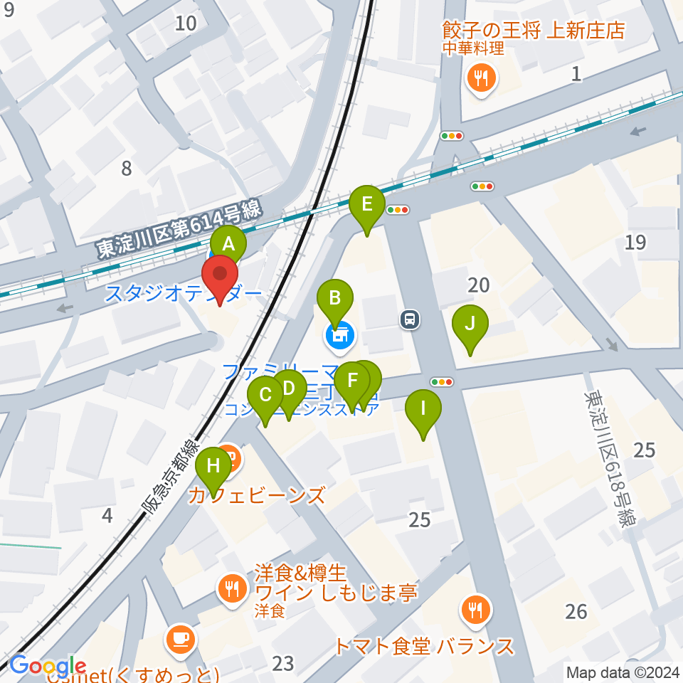 上新庄スタジオテンダー周辺のファミレス・ファーストフード一覧地図