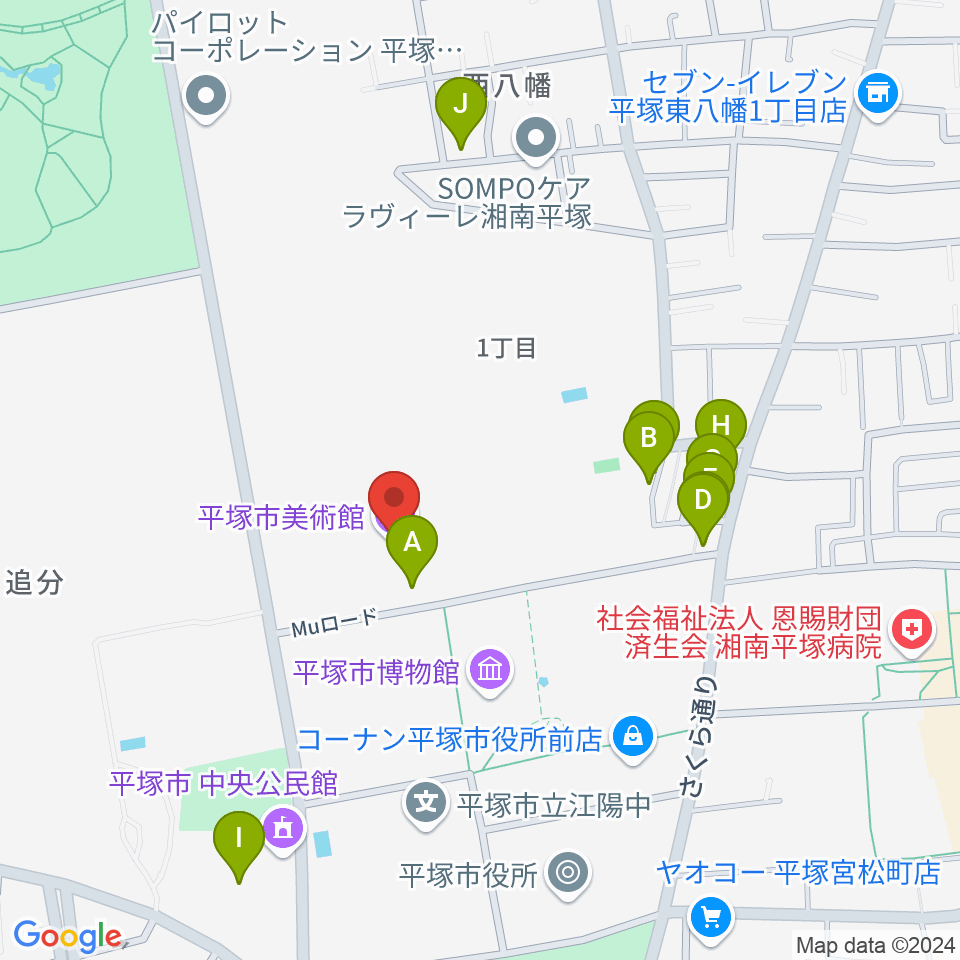 平塚市美術館周辺のファミレス・ファーストフード一覧地図