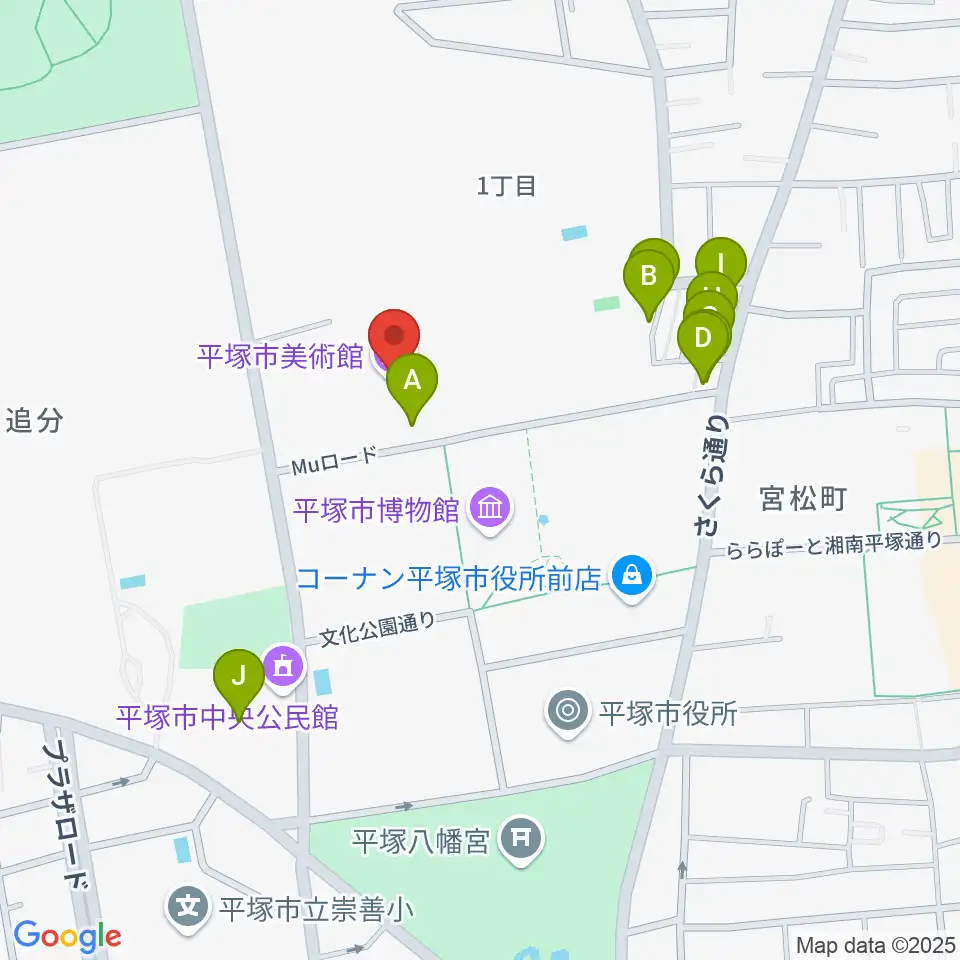 平塚市美術館周辺のファミレス・ファーストフード一覧地図