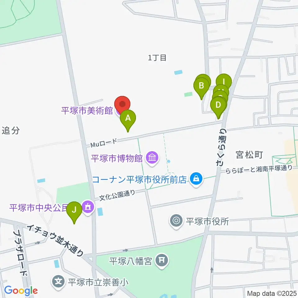 平塚市美術館周辺のファミレス・ファーストフード一覧地図