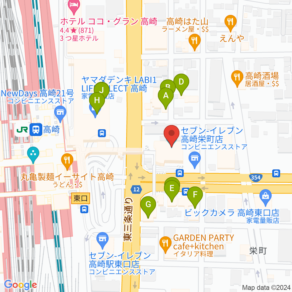 高崎市タワー美術館周辺のファミレス・ファーストフード一覧地図