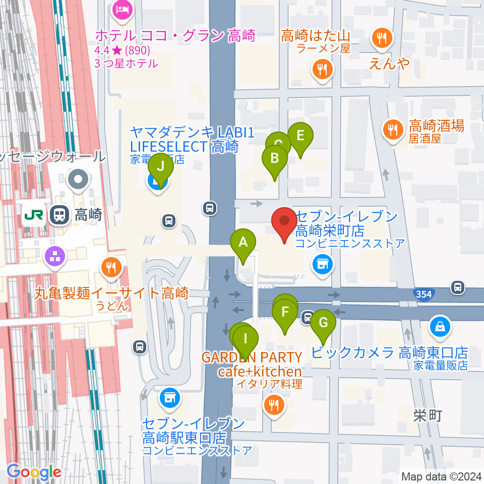 高崎市タワー美術館周辺のファミレス・ファーストフード一覧地図