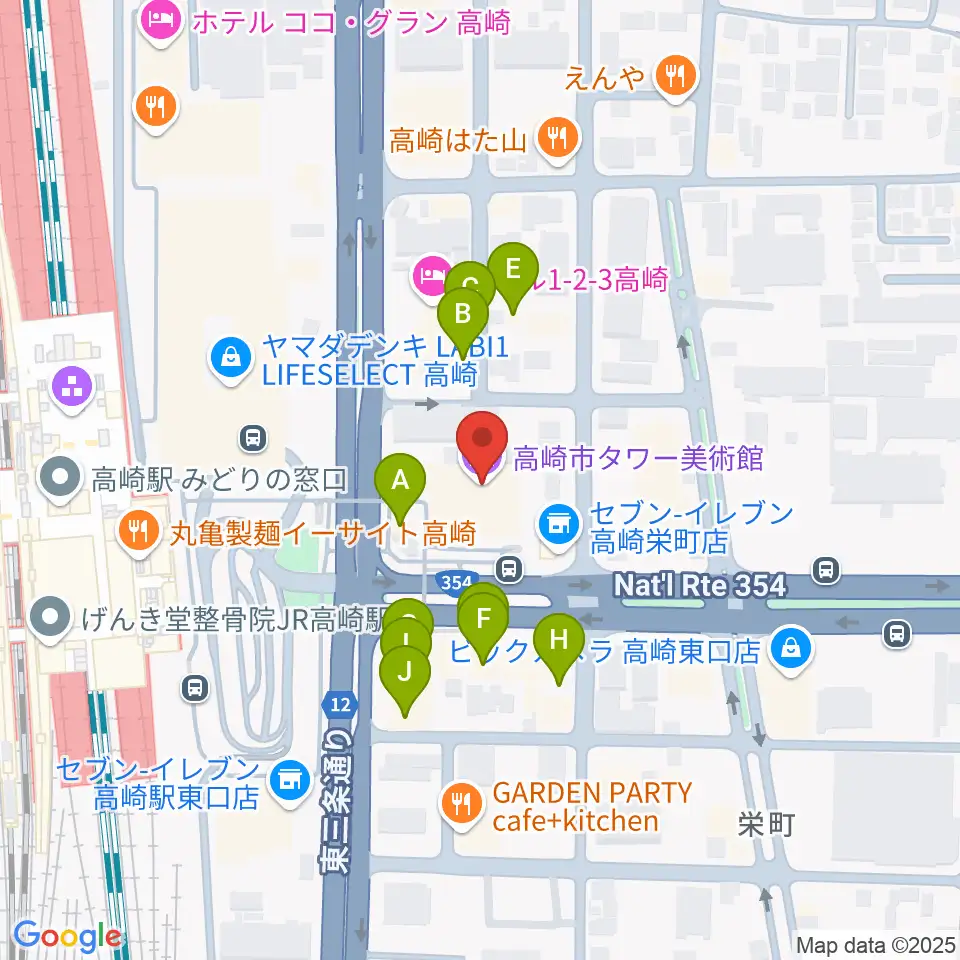 高崎市タワー美術館周辺のファミレス・ファーストフード一覧地図
