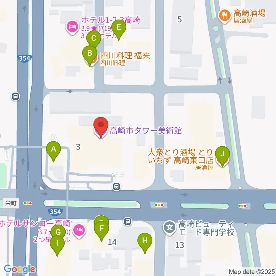 高崎市タワー美術館周辺のファミレス・ファーストフード一覧地図