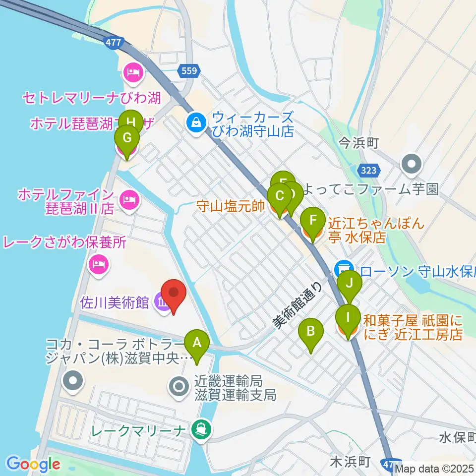 佐川美術館周辺のファミレス・ファーストフード一覧地図