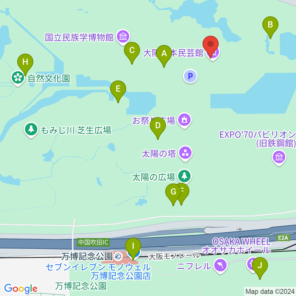 大阪日本民芸館周辺のファミレス・ファーストフード一覧地図