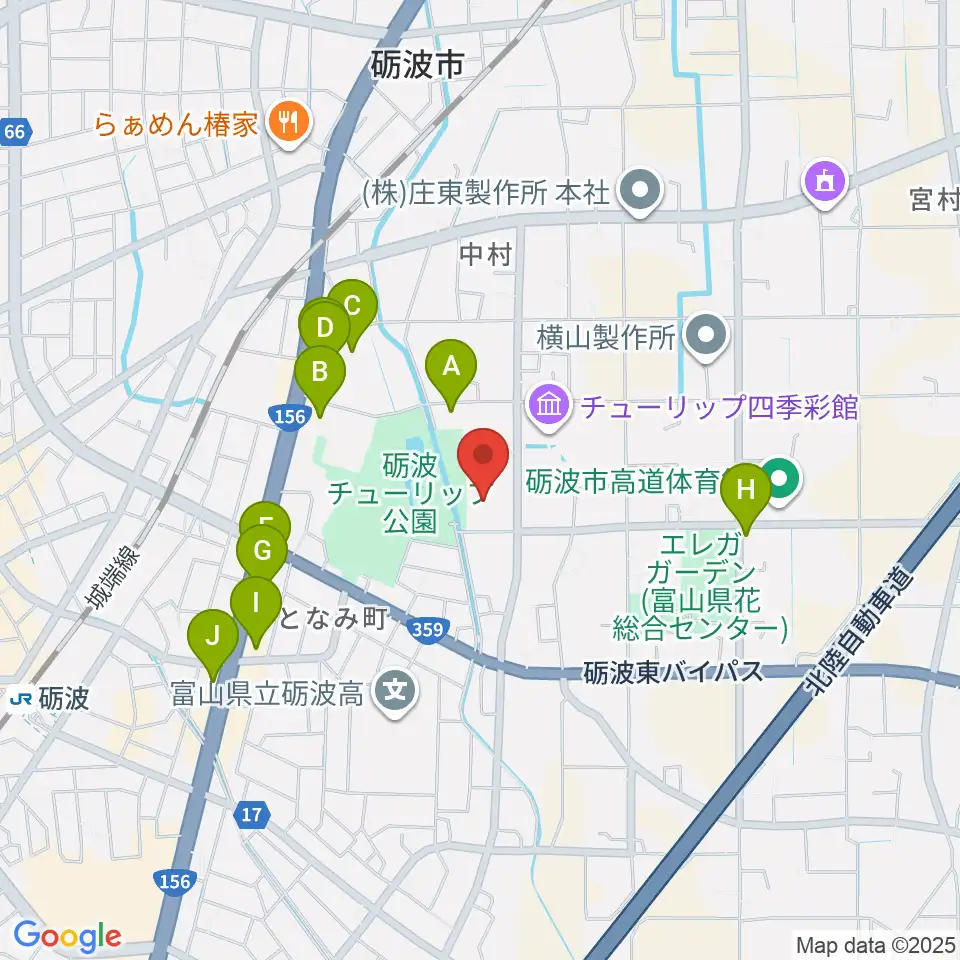 砺波市美術館周辺のファミレス・ファーストフード一覧地図