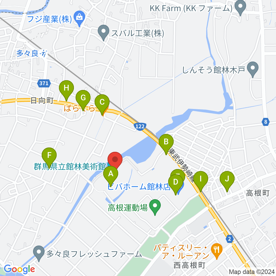 群馬県立館林美術館周辺のファミレス・ファーストフード一覧地図