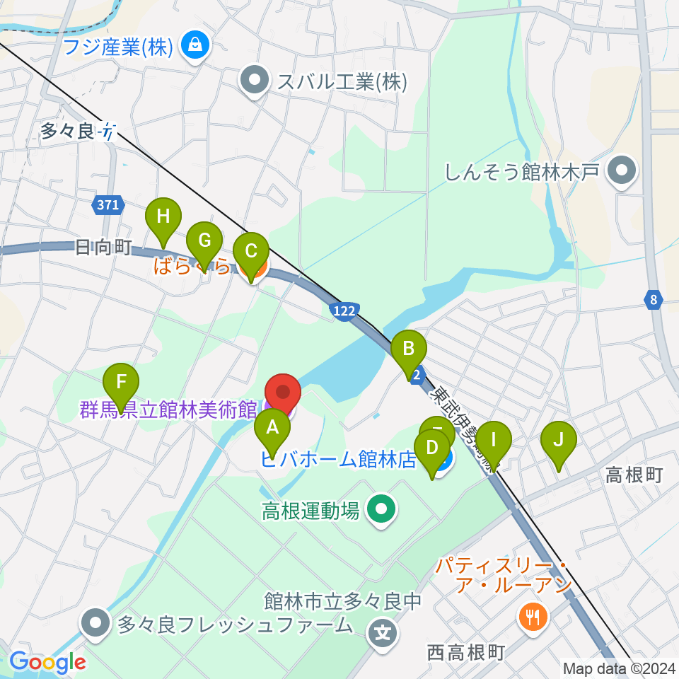 群馬県立館林美術館周辺のファミレス・ファーストフード一覧地図