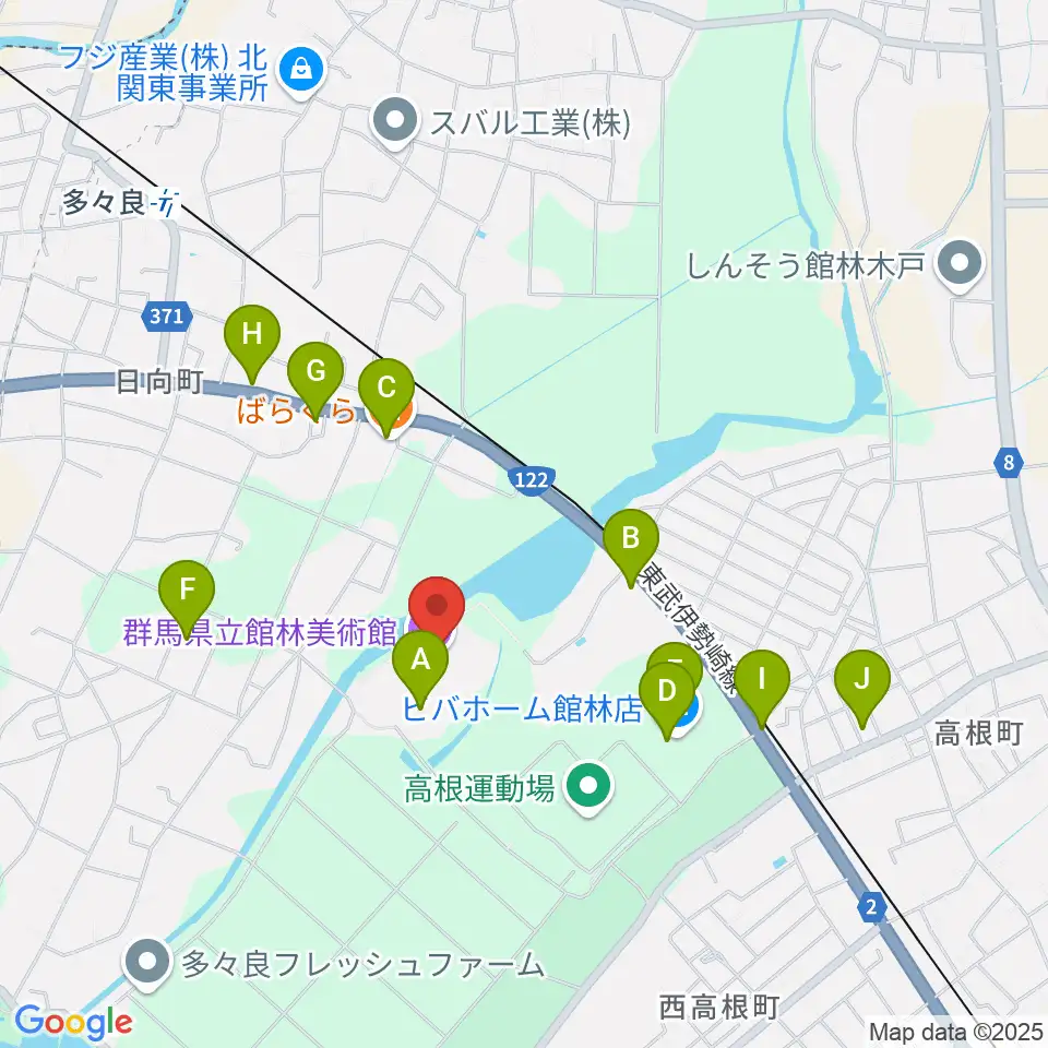 群馬県立館林美術館周辺のファミレス・ファーストフード一覧地図