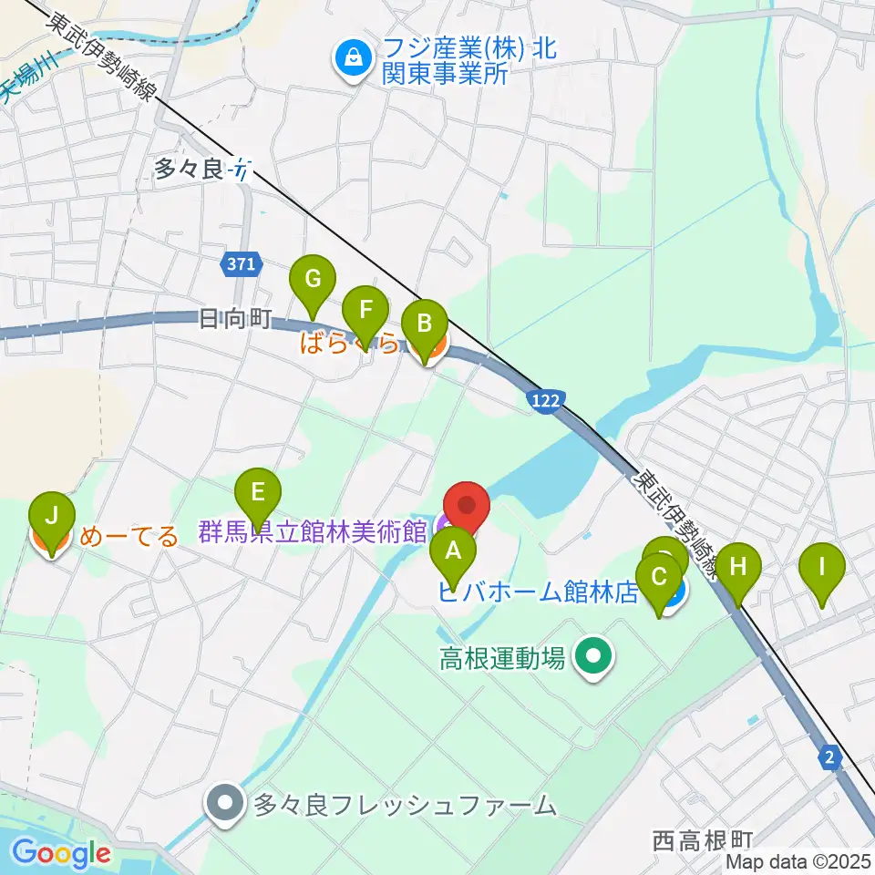 群馬県立館林美術館周辺のファミレス・ファーストフード一覧地図