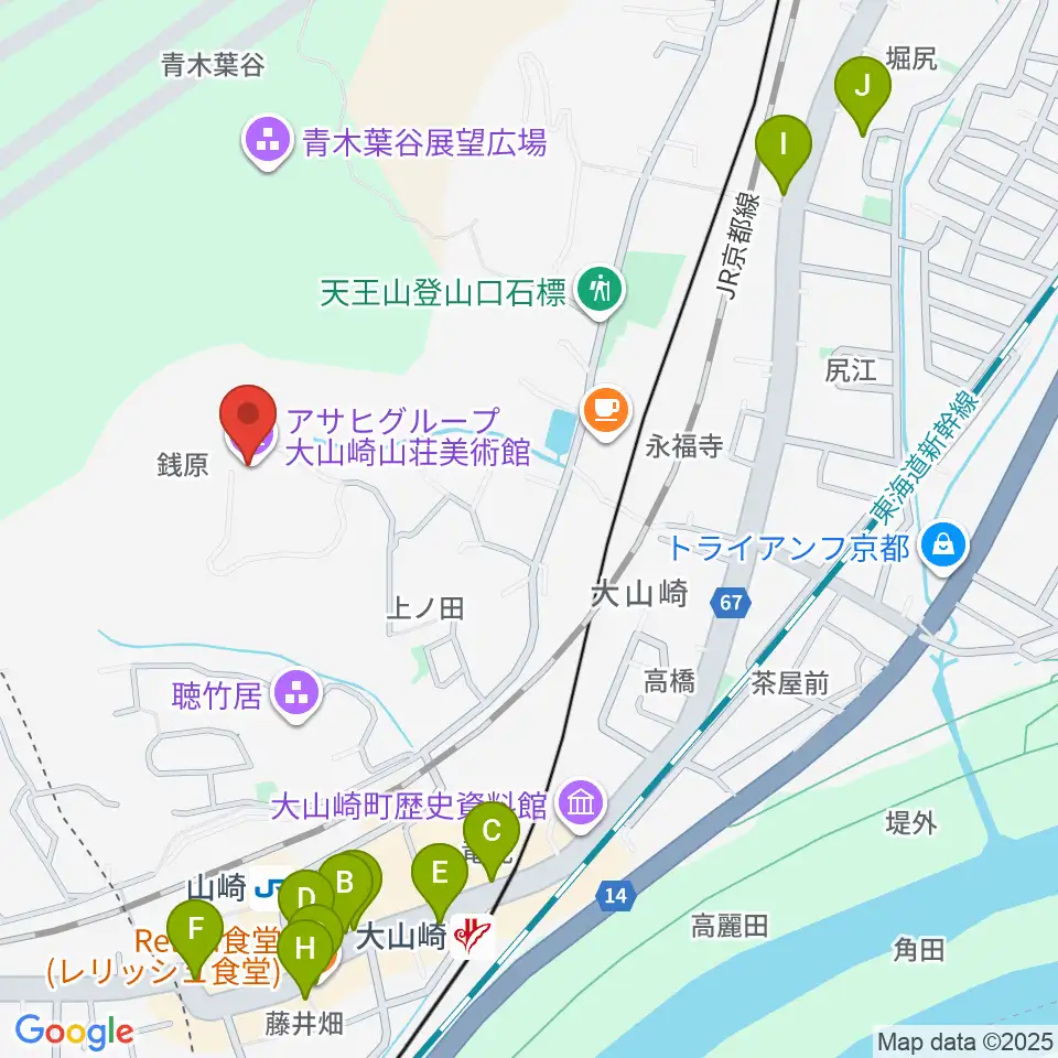 アサヒビール大山崎山荘美術館周辺のファミレス・ファーストフード一覧地図