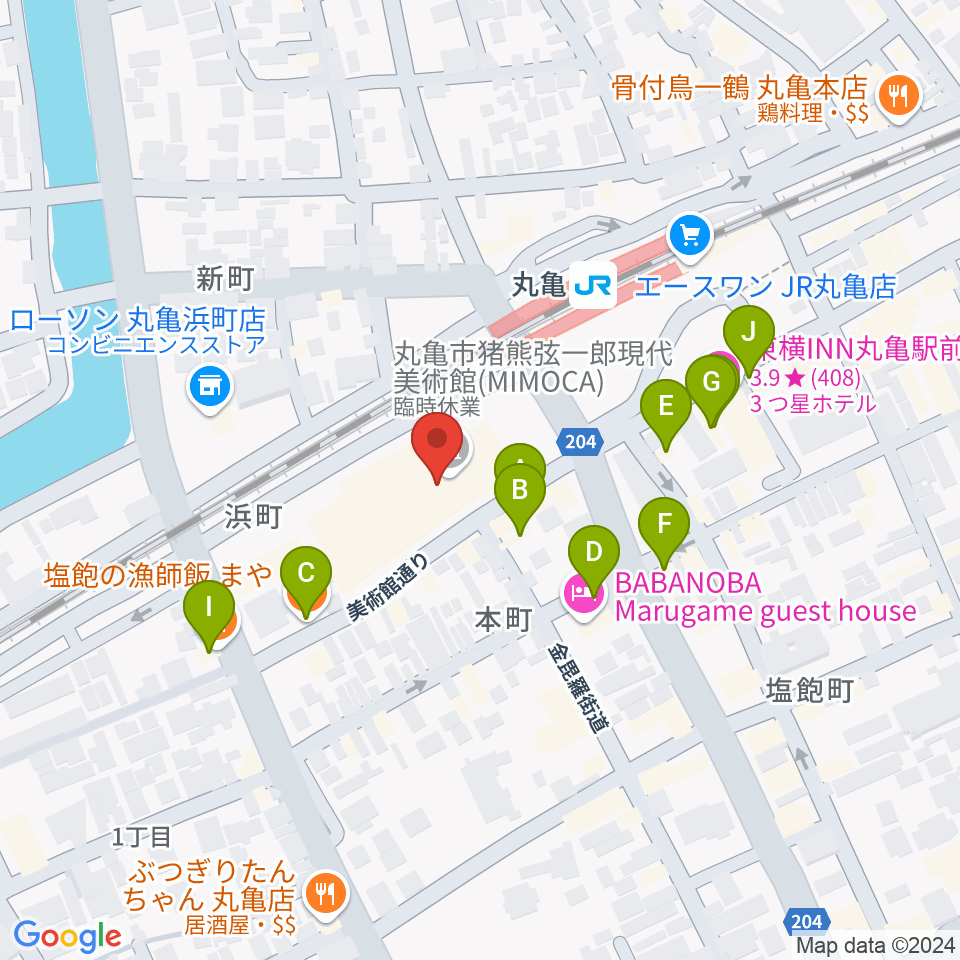 丸亀市猪熊弦一郎現代美術館（MIMOCA）周辺のファミレス・ファーストフード一覧地図