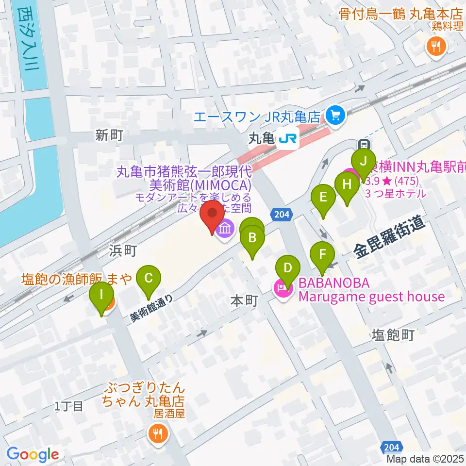 丸亀市猪熊弦一郎現代美術館（MIMOCA）周辺のファミレス・ファーストフード一覧地図