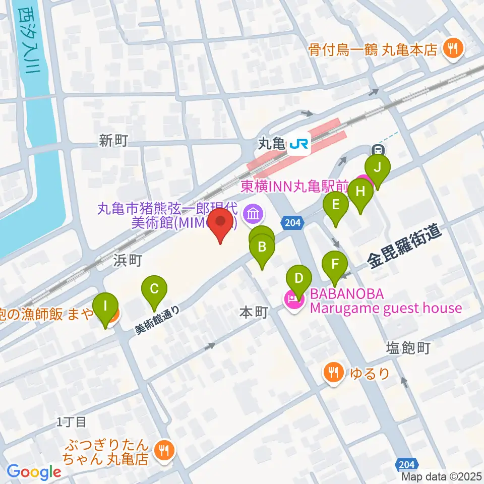 丸亀市猪熊弦一郎現代美術館（MIMOCA）周辺のファミレス・ファーストフード一覧地図