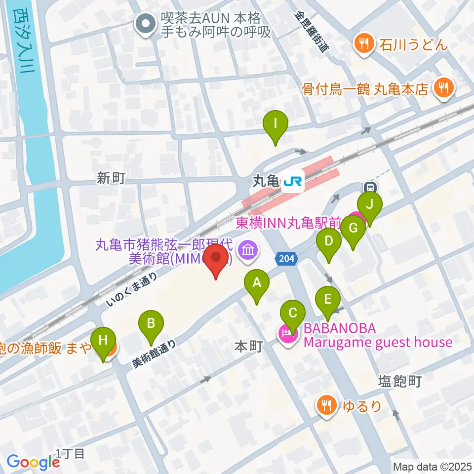 丸亀市猪熊弦一郎現代美術館（MIMOCA）周辺のファミレス・ファーストフード一覧地図