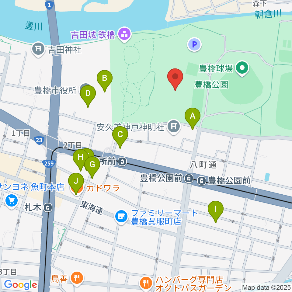 豊橋市美術博物館周辺のファミレス・ファーストフード一覧地図