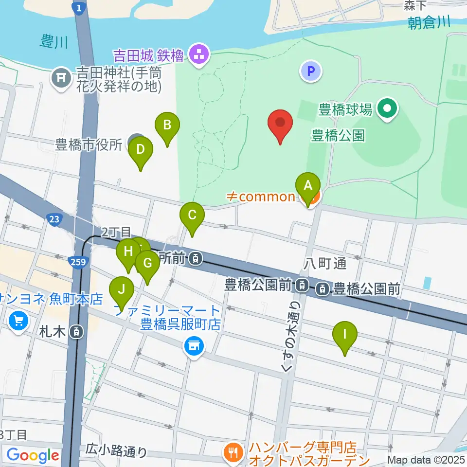 豊橋市美術博物館周辺のファミレス・ファーストフード一覧地図