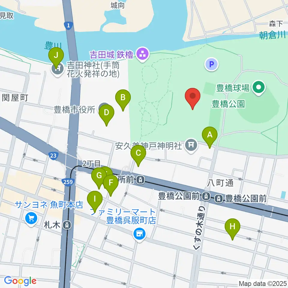 豊橋市美術博物館周辺のファミレス・ファーストフード一覧地図