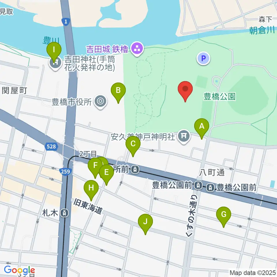 豊橋市美術博物館周辺のファミレス・ファーストフード一覧地図