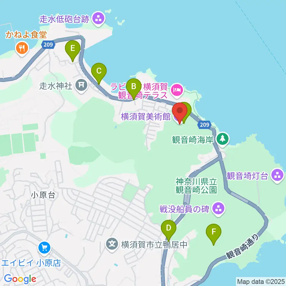横須賀美術館周辺のファミレス・ファーストフード一覧地図