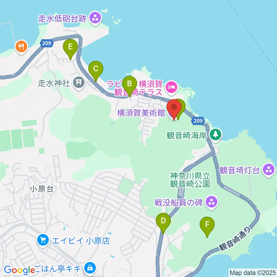 横須賀美術館周辺のファミレス・ファーストフード一覧地図