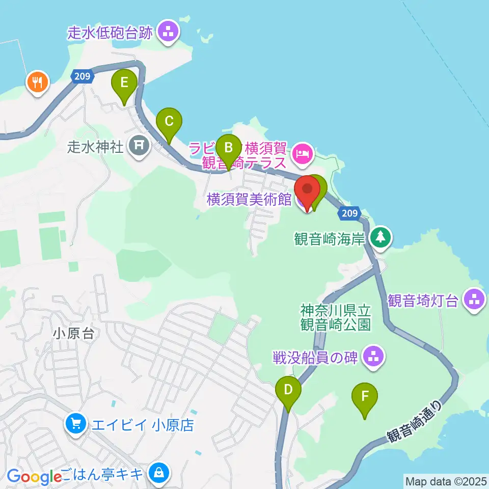 横須賀美術館周辺のファミレス・ファーストフード一覧地図