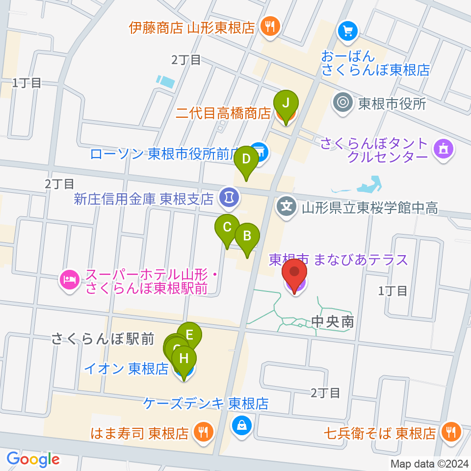 東根市美術館 まなびあテラス周辺のファミレス・ファーストフード一覧地図