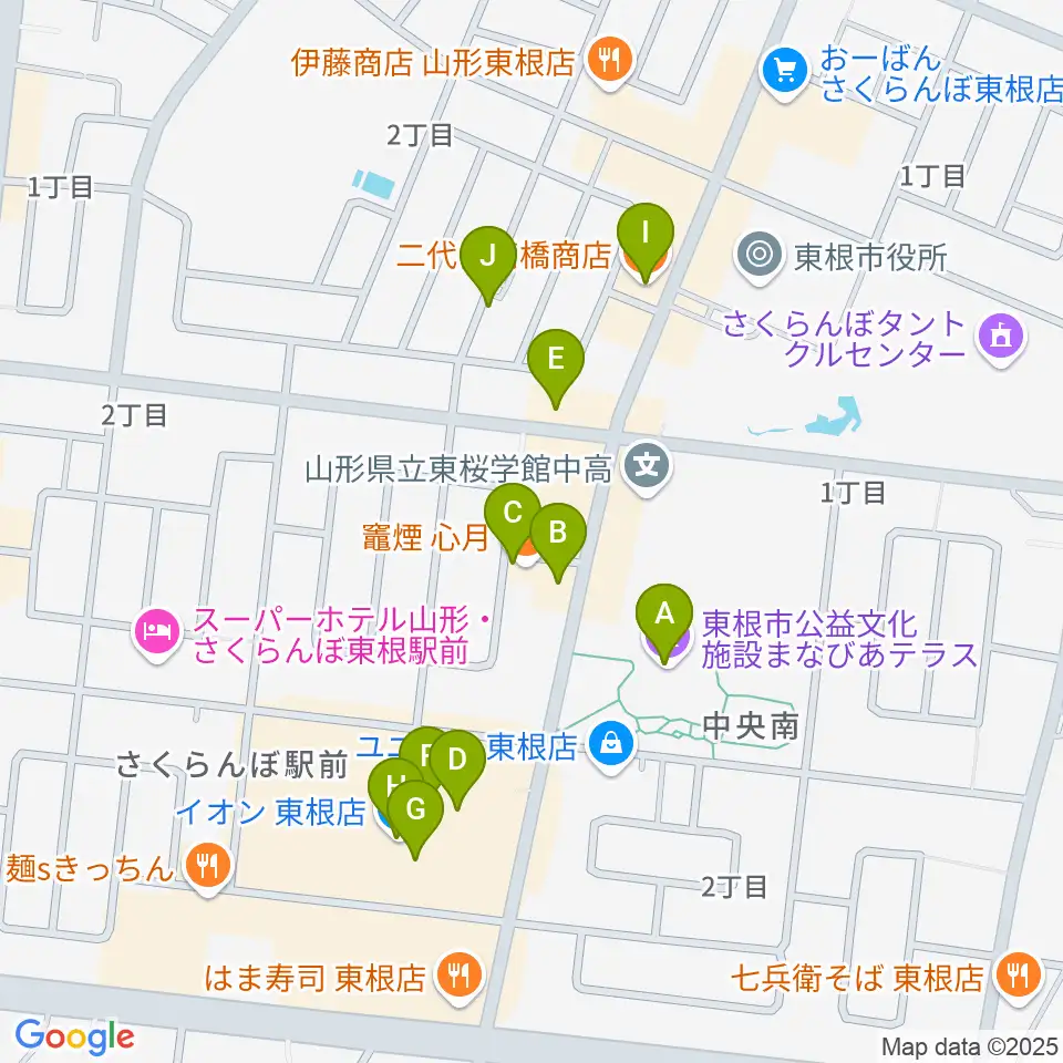 東根市美術館 まなびあテラス周辺のファミレス・ファーストフード一覧地図