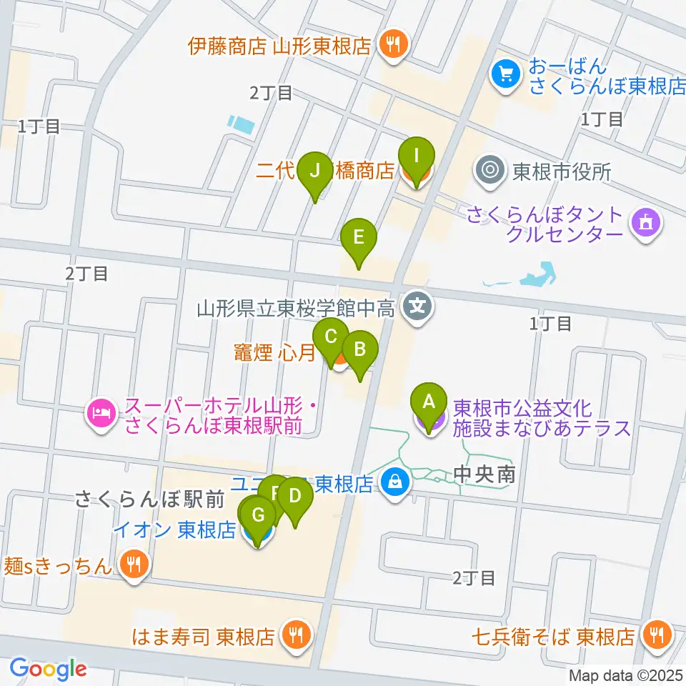 東根市美術館 まなびあテラス周辺のファミレス・ファーストフード一覧地図