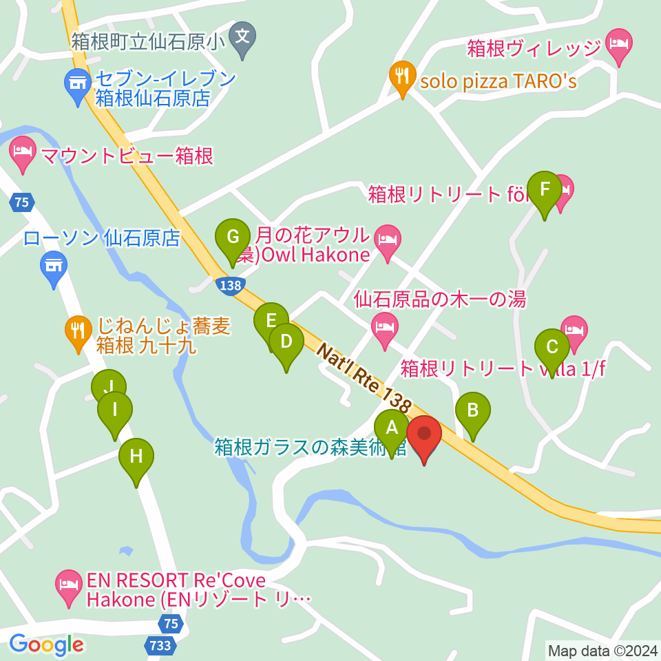 箱根ガラスの森美術館周辺のファミレス・ファーストフード一覧地図