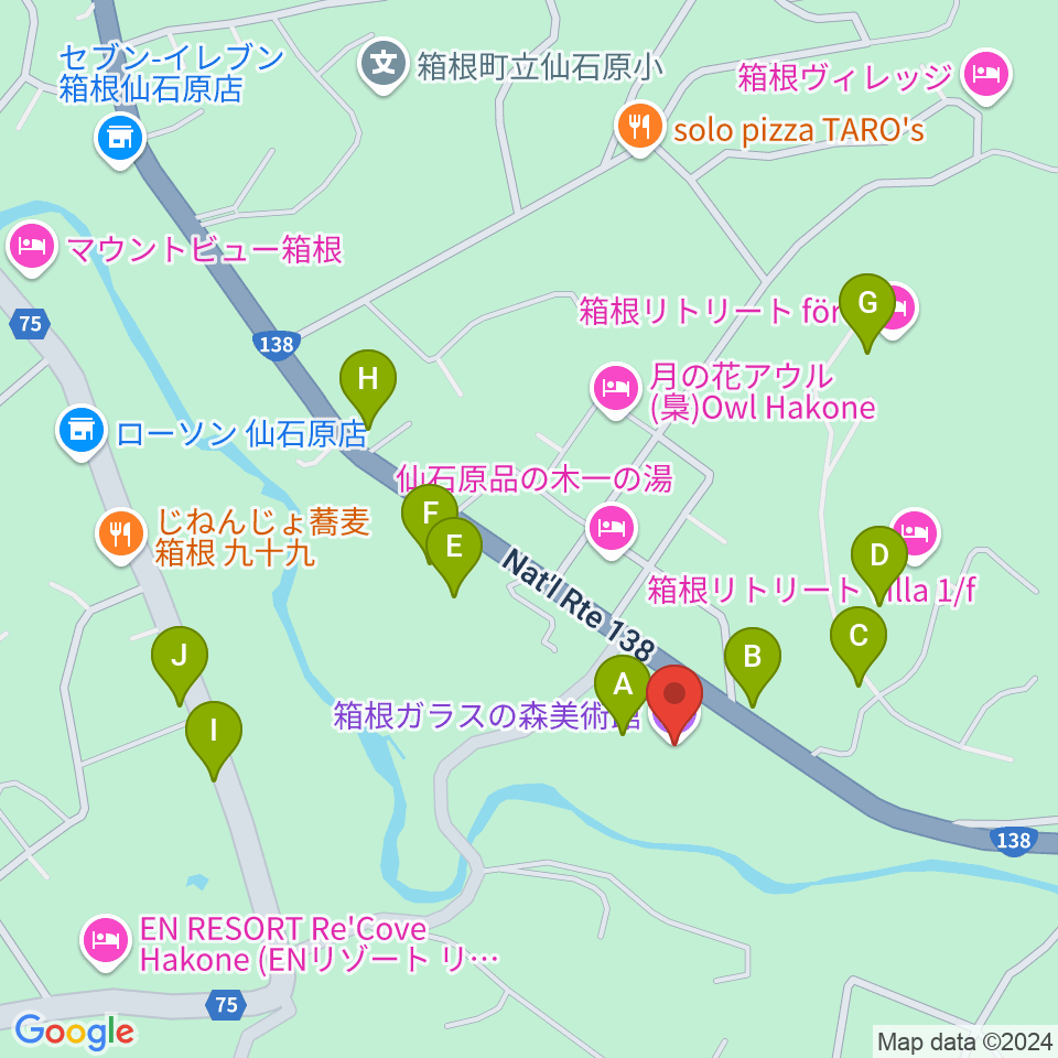 箱根ガラスの森美術館周辺のファミレス・ファーストフード一覧地図