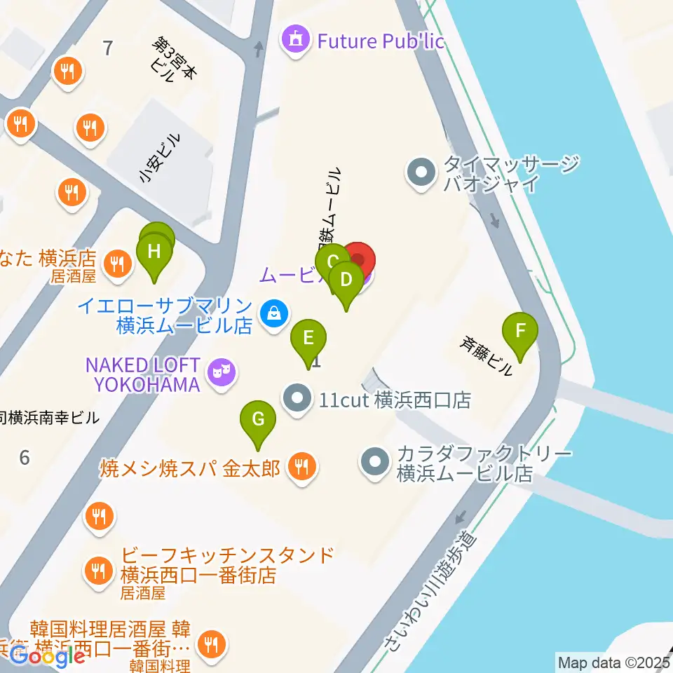 ヨコハマミントホール周辺のファミレス・ファーストフード一覧地図