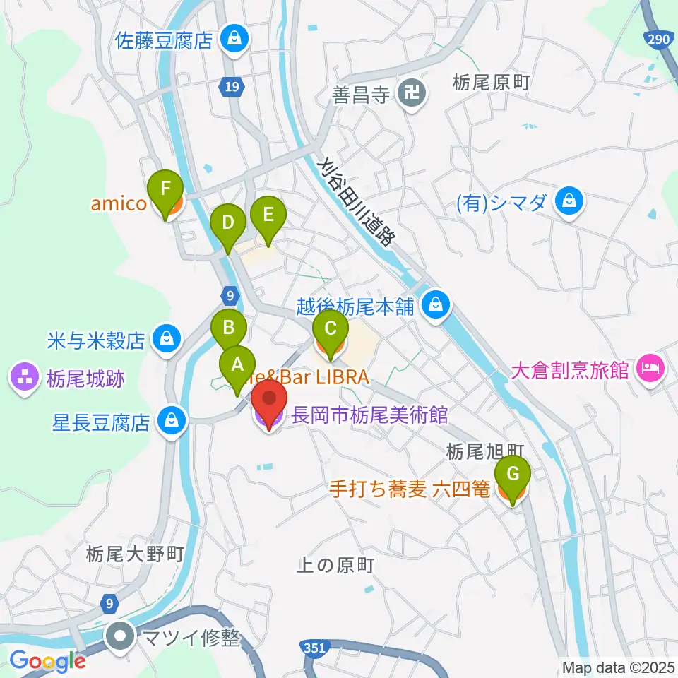 長岡市栃尾美術館周辺のファミレス・ファーストフード一覧地図