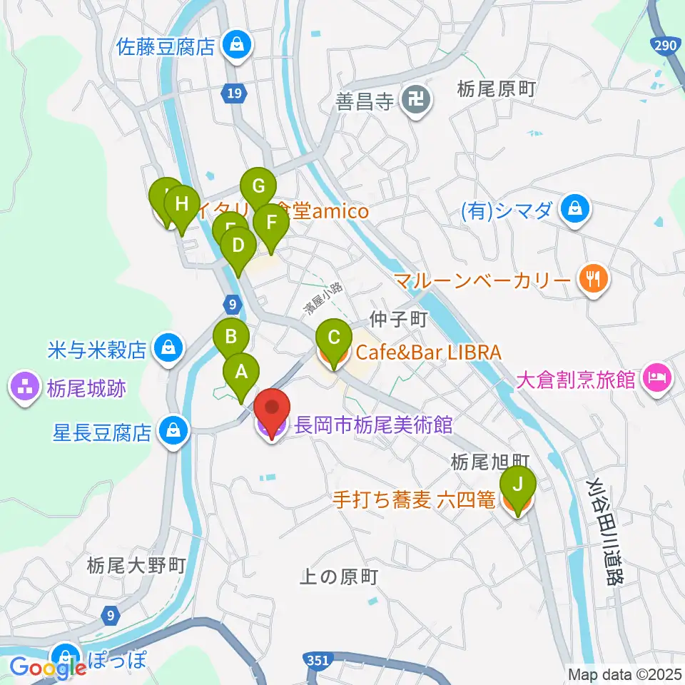 長岡市栃尾美術館周辺のファミレス・ファーストフード一覧地図