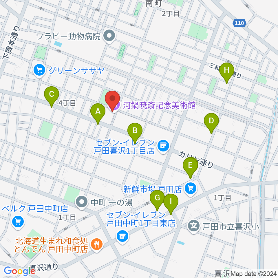 河鍋暁斎記念美術館周辺のファミレス・ファーストフード一覧地図